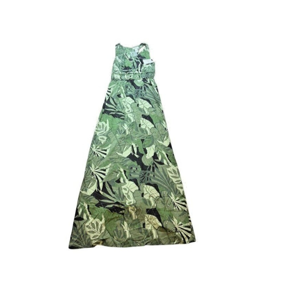 JAPNA Green Tropical Palm Leaf Maxi Dress Womens Size XS Print Boho Beach Resort